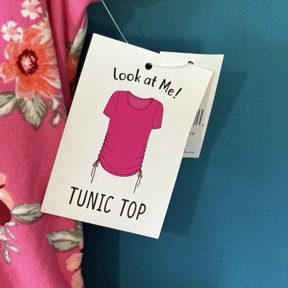 Bobbie Brooks Pink Floral Print Tunic Top w/ Stretch Side Drawstring - Large - Picture 5 of 9